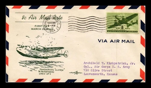 Dr Jim Stamps 8c Air Mail RAte First Day Mar 26 1944 Pent Arts Cachet Cover