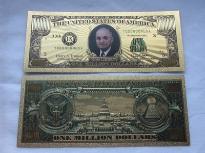 33. Präsident Harry S. Truman 1 Million Dollar Schein 24 K vergoldet+koloriert