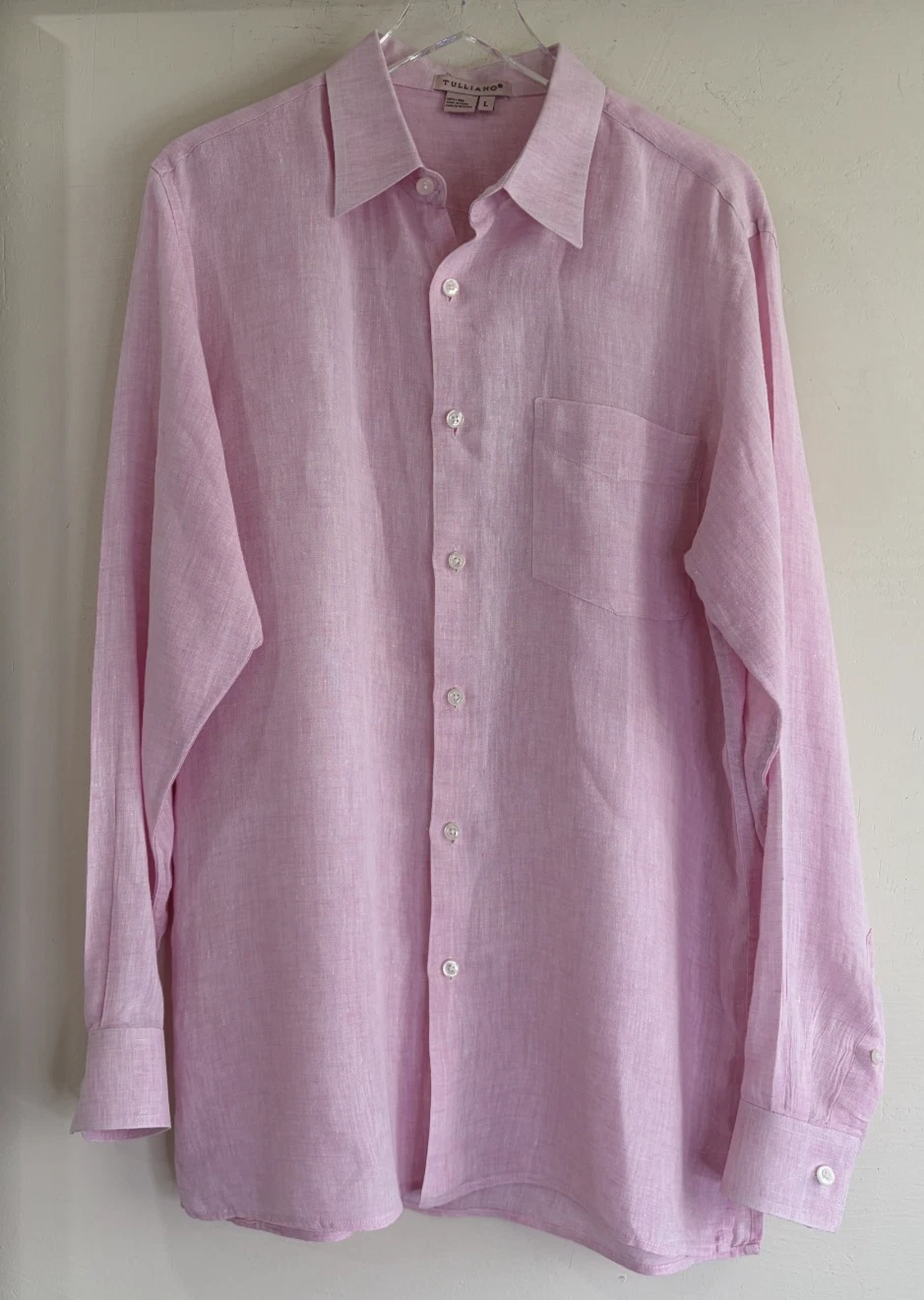 Tulliano Men's Sz Large 100% Linen Pink Shirt Long Sleeve Button Up