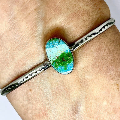 Navajo Cuff Bracelet Sonoran Gold Turquoise Hand Stamped 6.5in Tahe 7g Stacker