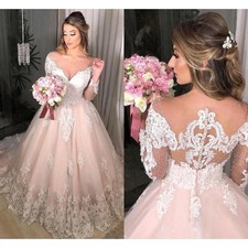 Blush Pink Wedding Dresses A Line Sheer Neck Long Sleeves Applique Sequins Gowns