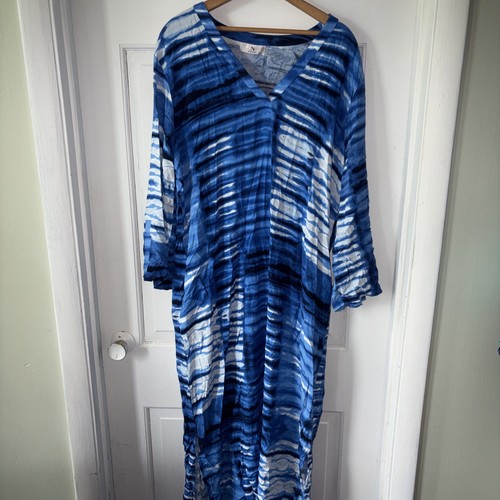 Natori Maxi Dress Cover-up Sz XL Blue Rayon Pockets Side Slits Modest Beach