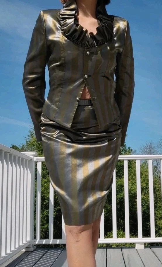 Conjunto de terno de noite de tafetá de seda oliva metálica tamanho P jaqueta saia Houte Coutur novo com etiquetas - Imagem 3 de 4