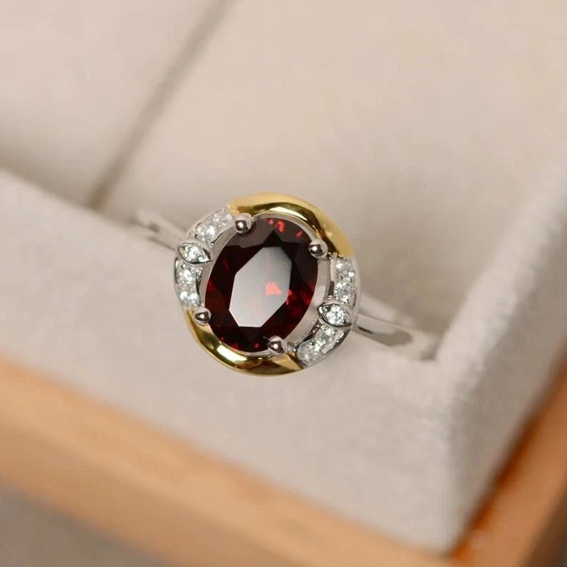 1.70 Ct Oval Natural Garnet Diamond Bridal Ring 14K Solid White Gold Size All - Image 3 of 4