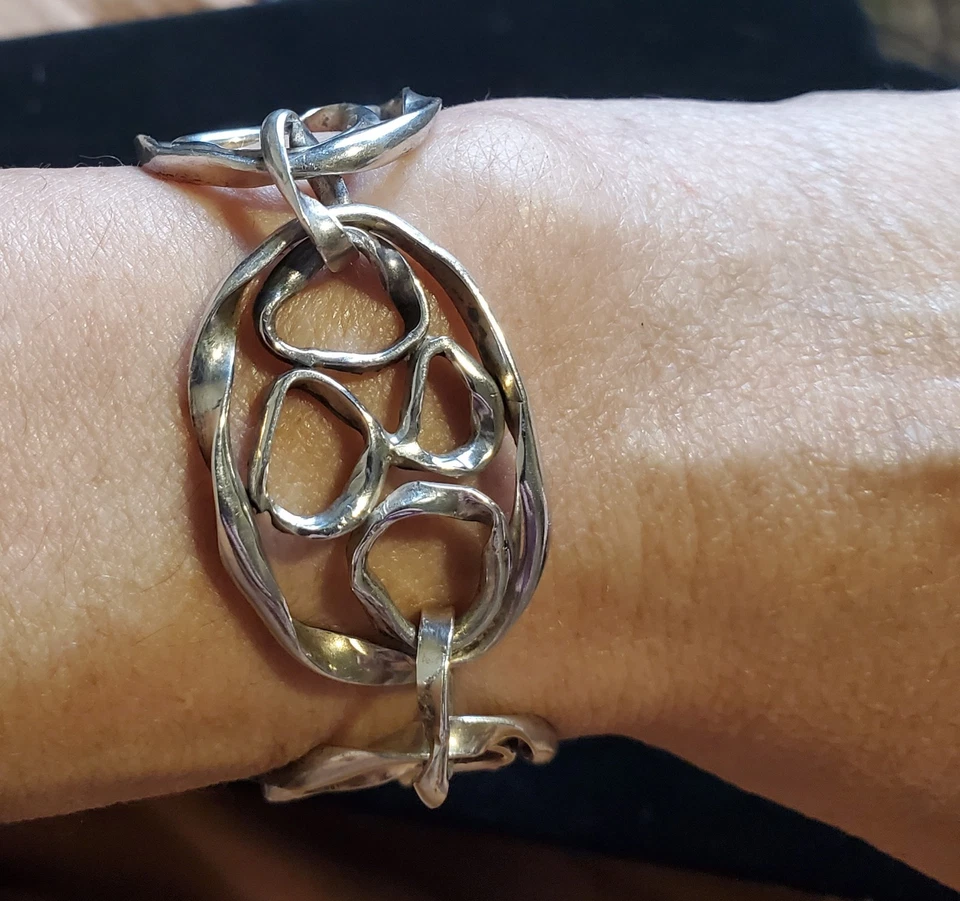 Bracelete pesado 37g 925 prata esterlina abstrato elos artesanais 8" estilo modernista - Imagem 3 de 4