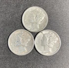 1944 PDS, Lot of 3 Mercury Dimes 90% Silver 1944-P, 1944-D, 1944-S,  Circulated