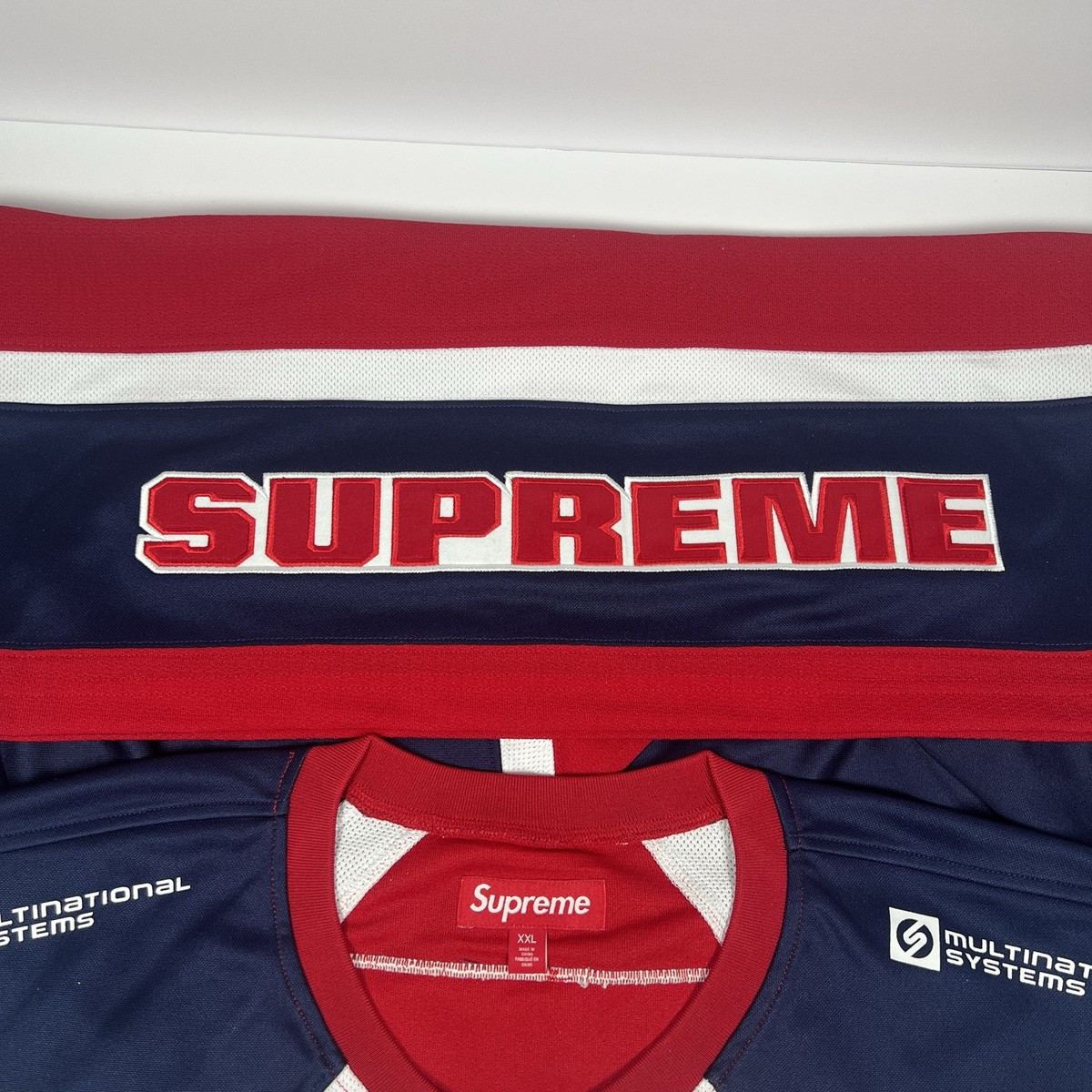 Supreme SS25 Rhinestone Hockey Jersey Red/Blue - Men's Size Supreme SS25 Rhinestone Hockey Jersey Red/Blue - Men's Size