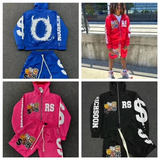 New Men's 2 PC Shorts Set Windbreaker Jacket Rich Soon Hip Hop Streetwear Hoodie