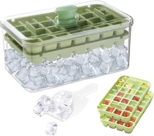 Ice Cube Tray with Lid and Bin and Ice Scoop,2 Pack Plastic Ice Cube Tray,56 pcs