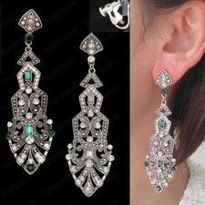 CLIP ON 3"long Geometric Chandelier Drop Earrings Vintage Silver Tone Crystal