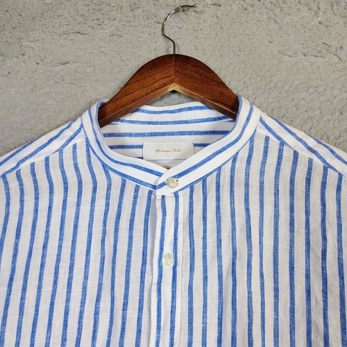 Massimo Dutti Shirt Men's 2XL White Blue Striped 100% Linen Preppy Vacation - Picture 3 of 13