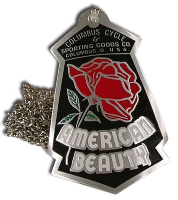 American Beauty Mini Bicycle Badge Necklace 1940s - 1950s ACID ETCHED Aluminum - Image 1 of 2