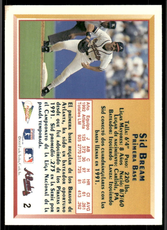 1993 Pacific Spanish #2 Sid Bream - Image 2 of 2