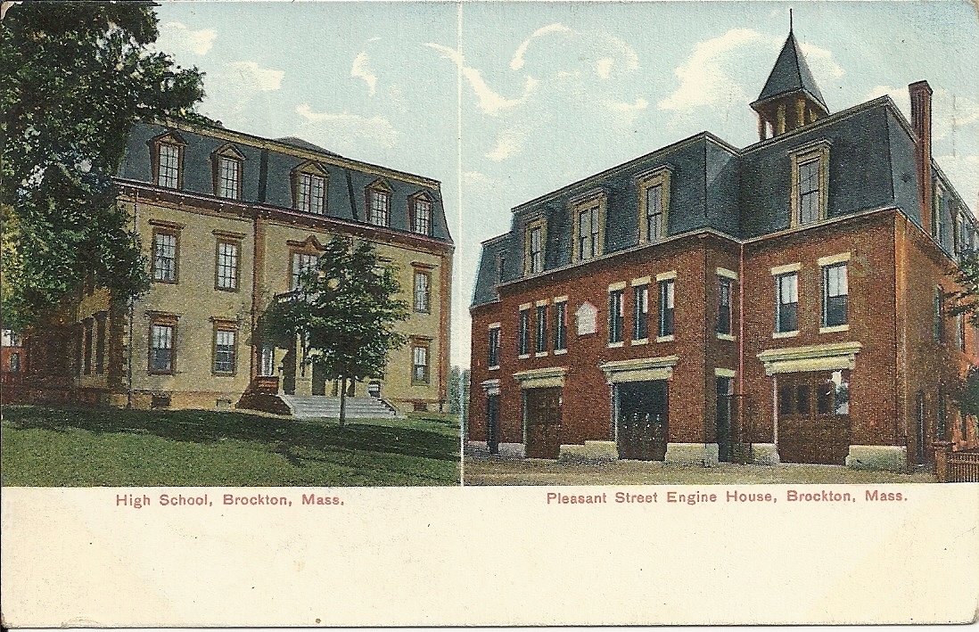 Double View Postcard, Mass. Brocton High School, Pleasant St. Fire