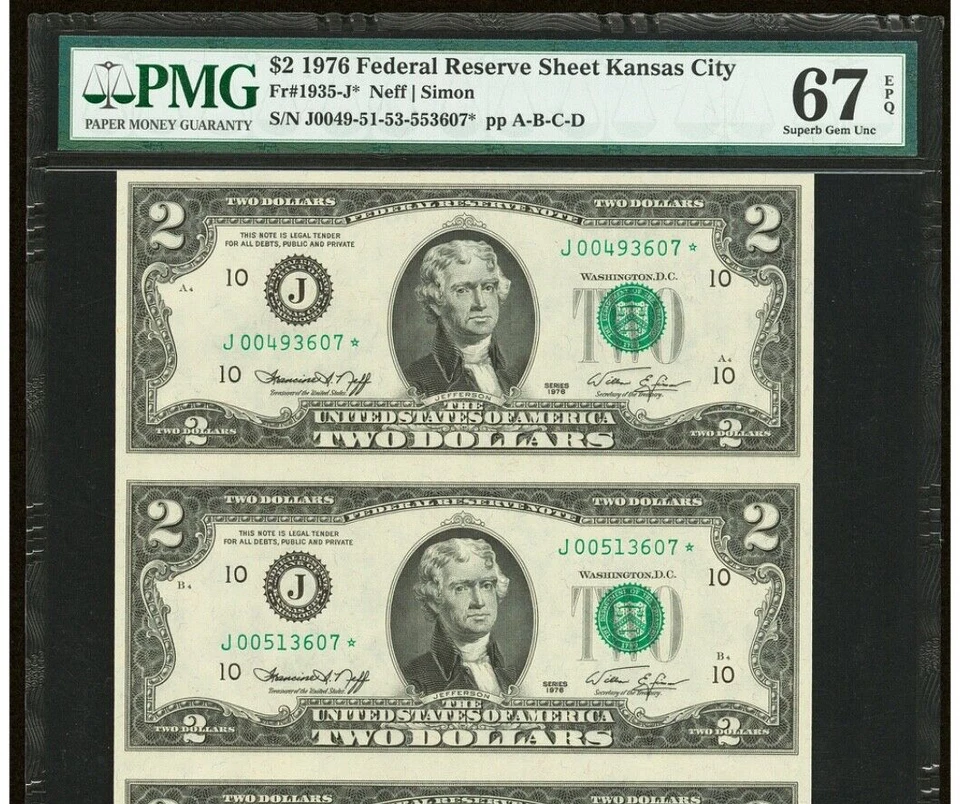 1976 $2 Federal Reserve*STAR*note-UNCUT Sheet of 4--PMG 67 EPQ-Finest Graded! - Image 3 of 4