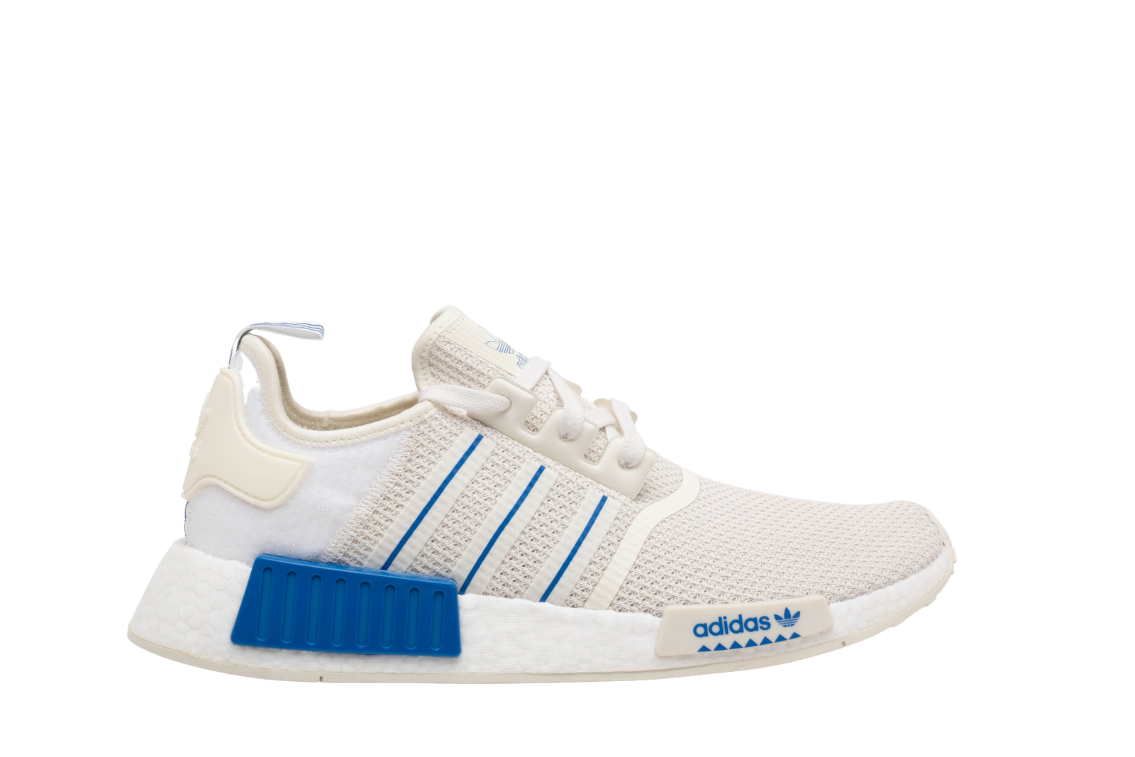 white nmds with blue