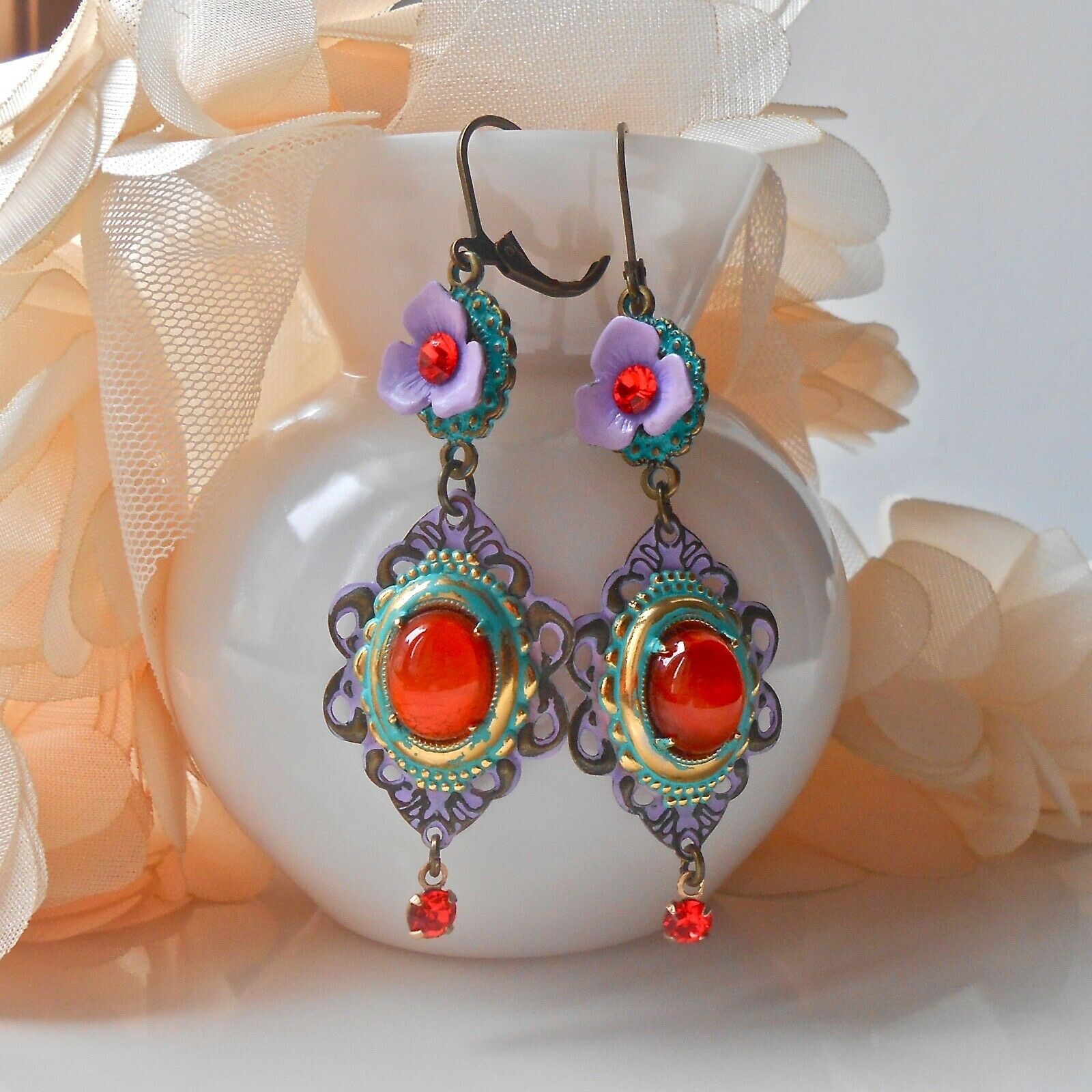 Boucles d'oreilles florales patinées main en verre orange de haute qualité