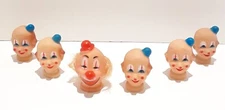 VINTAGE Lot of 6 Clown Doll Heads Rubber 2" inch Blue Hat Red Hat HAPPY Red Nose