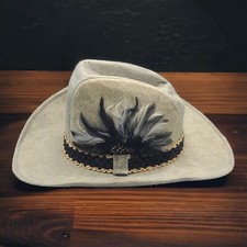 Vintage Mens Suede Leather Cowboy Hat Feathers Pebbled USA Made Sz L Tan Thick B