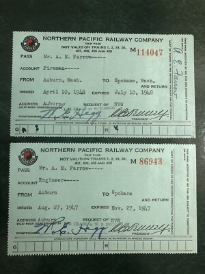 #ad 1947 amp; 1948 NORTHERN PACIFIC RAILWAY COMPANY TRIP PASSES ENGINEER amp; FIREMAN $9.99