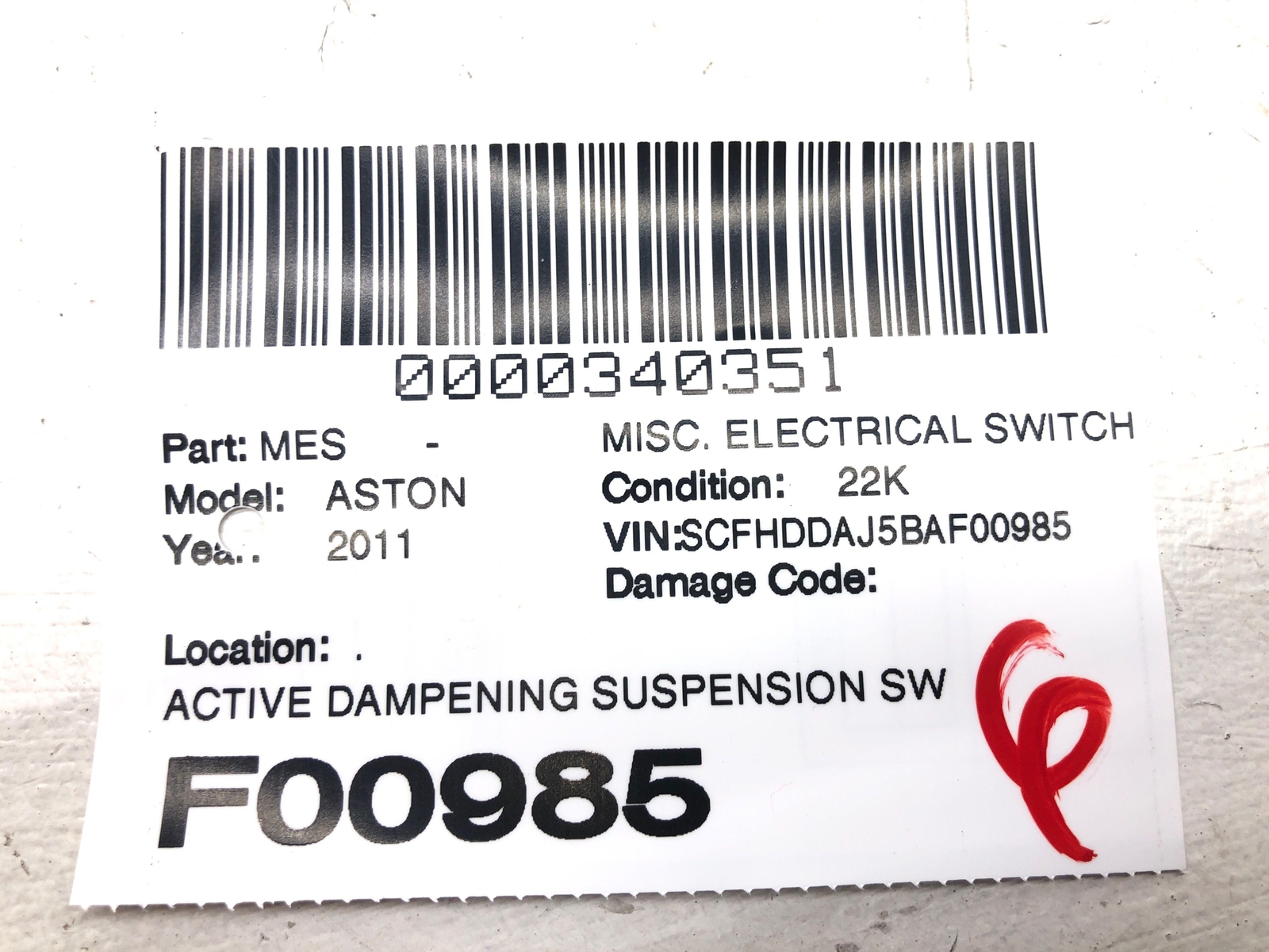 2011-2020 ASTON MARTIN RAPIDE ACTIVE DAMPENING SUSPENSION SWITCH 8D33-2C418-BA