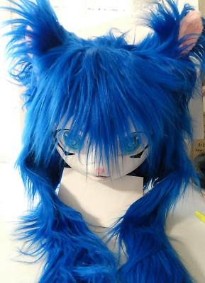 Cat Fursuit Mask Halloween Masquerade Cosplay Dress-Up Blue Pink Ears NICE!