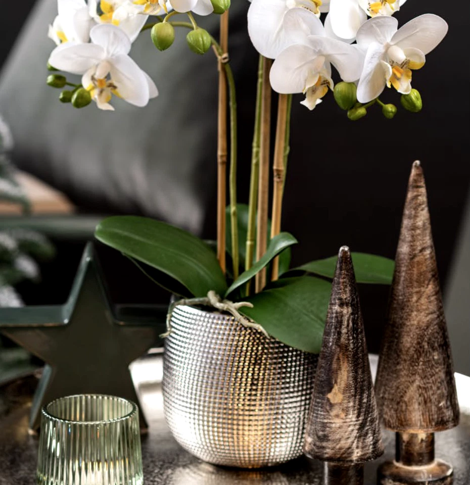 Flor Artificial Blanca Phalaenopsis Orquídea 24" en Jarrón Cerámico Plateado Foto 3 de 4