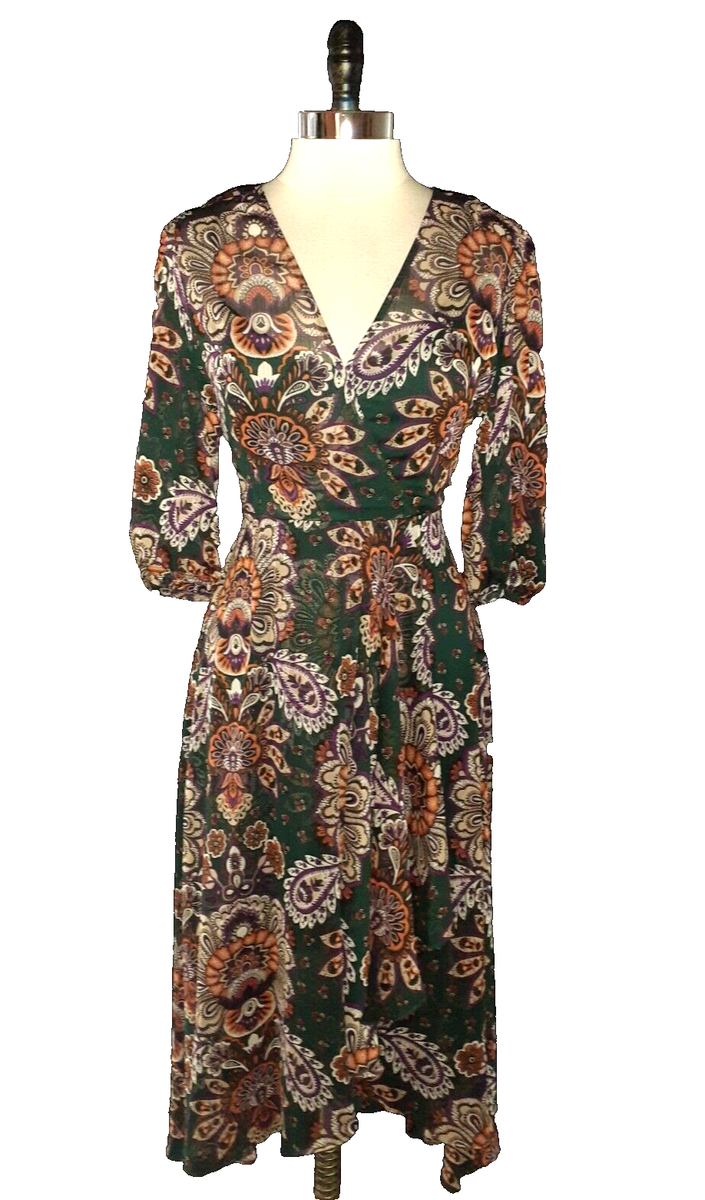 NEW CALVIN KLEIN Size 8 A-Line Dress Green Orange Purple Paisley 3/4 Sleeve  | eBay