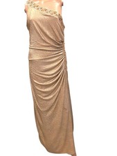 Betsy & Adam Champagne Goddess Gown Jeweled One Shoulder 10P Old Hollywood Glam