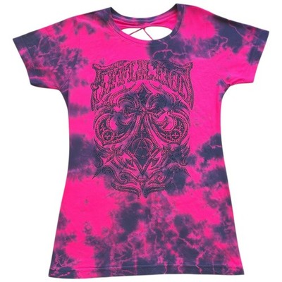 Women's Affliction Illusion Red Lava Wash Rhinestone Angel T-Shirt Top Tee M-L