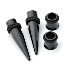2 Pairs Stainless Steel Taper Kit with Plugs Black Ear Stretching Kit Gauges ...