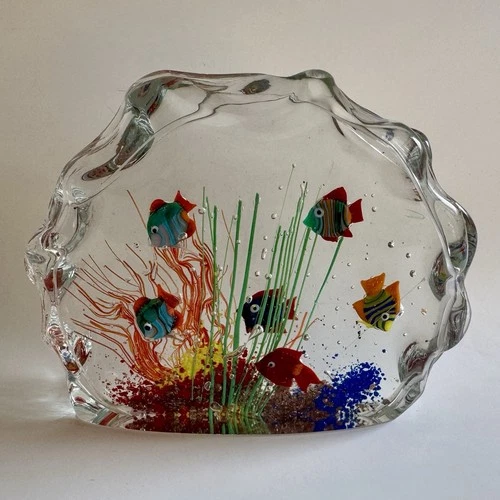 Vintage Murano Art Glass Aquarium Fish Bowl 6 Fish Aventurine 7 inch Heavy Italy