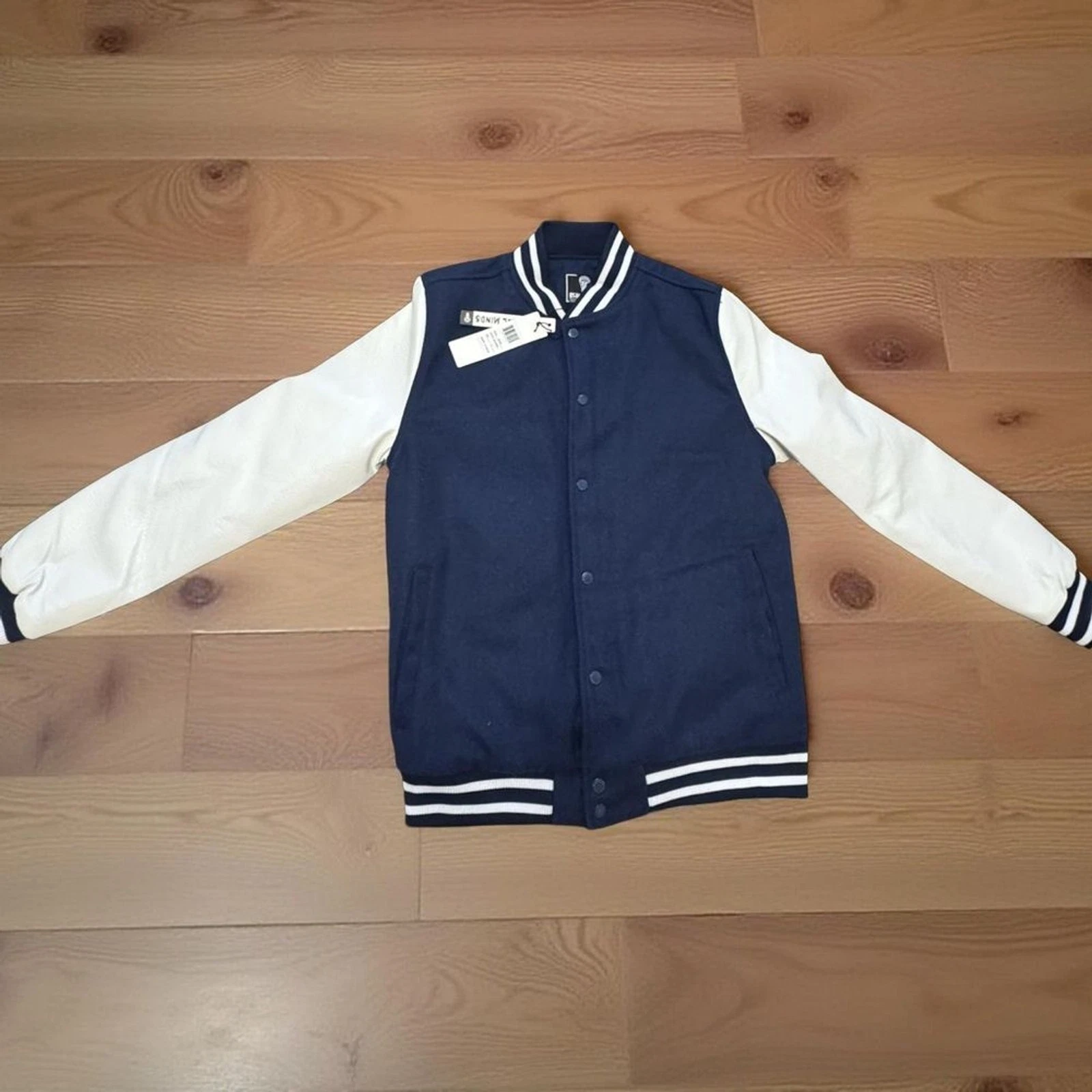 Rebel Minds Navy Varsity Jacket Leather Sleeves Men’s Large BNWT Streetwear Heat