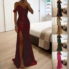 Casual Evening Halter Dress Women Sequined Split V Neck Maxi Long Dress