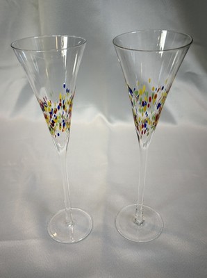 Pier 1 Hand Blown Confetti Glass Champagne Flutes Colorful Art Glass Set of 2