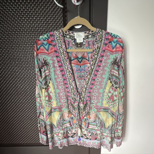 Camilla Women's Multicolor Geometric Silk V-Neck Tunic Blouse Beaded S