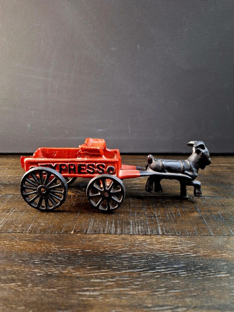 Antique Cast Iron Goat Pulling Express Wagon  7 1/4