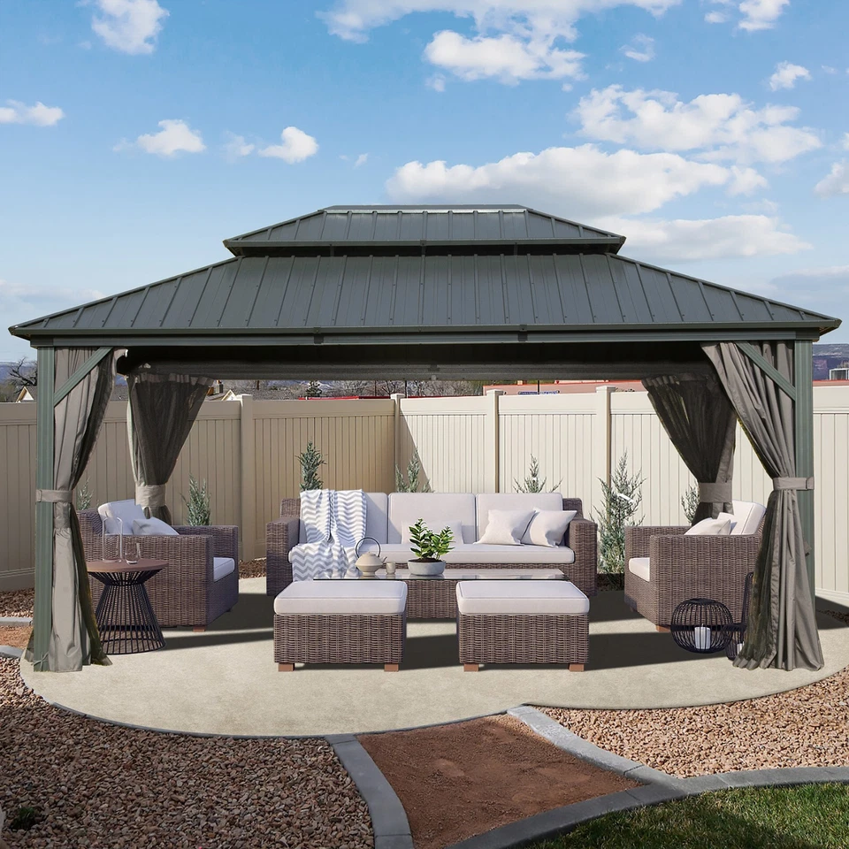 DOMI OUTDOOR LIVING Domi 10' x 14' Hardtop Gazebo Outdoor Aluminum Gazebo w/Curtains and Net, Gray
