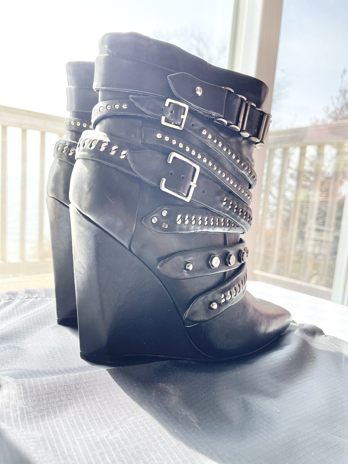 L.A.M.B. By Gwen Stefani Black Leather THACKER Buckle Strap Wedge Boot 7.5M RARE image 6