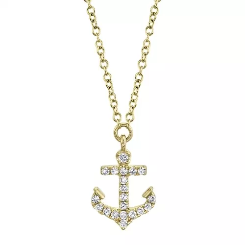 Diamond Anchor Pendant Necklace 14K Yellow Gold Round Cut Natural 0.07 TCW