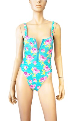 Brand New Y2K BLUMARINE sz 6 Zip Front Turquoise Floral Print One Piece Swimsuit