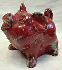 Vtg Cast Metal Pig Still Bank Red Painted Baby Piggy Bank No Bottom Plug