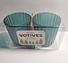 Glass Votive Candle Holders 2.25" Tall Green Bright Star Ridged