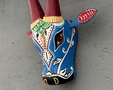 Indian Wooden cow Head Nandhi Face Mask Wall Hanging Interior Decor Artefacts.