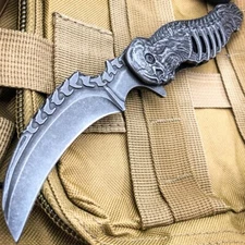 8.25" Tactical Stonewash Grim Reaper Skull Skeleton Spring Assist Pocket Knife