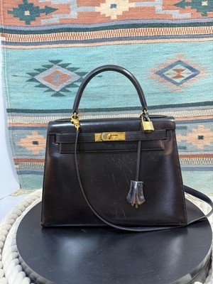 HERMES Vintage Kelly Sellier 28 Black Box Calf With Shoulder Strap