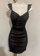 Black Slim‑Fit Ruched Dress – Sheer Long Sleeves & Textured Overlay Size Medium 