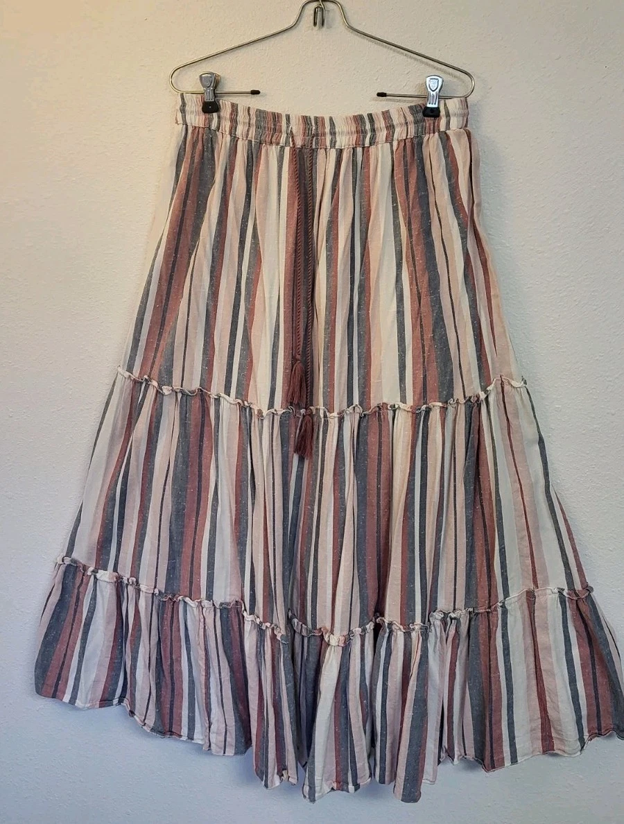 Striped Linen Blend Tiered Boho Skirt by Magic Women's Size Small.