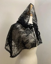 Black Gothic Hooded Capelet, Goth Bridal Hoodie Cape, Floral Lace Wedding Shawl