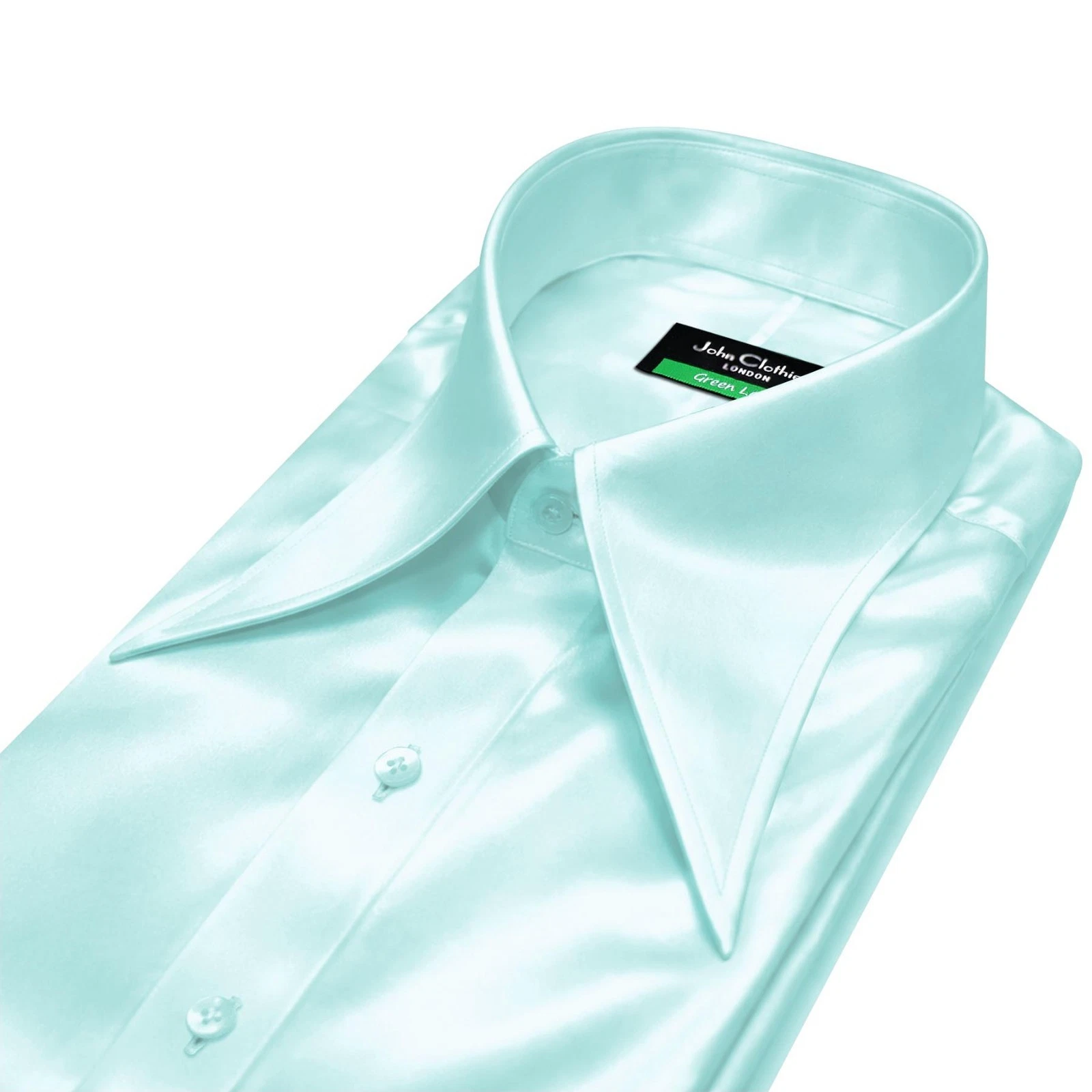 Men 70s Extra Long Spread Collar Shirt Luxury Ice Blue Satin Retro Stage Costume
